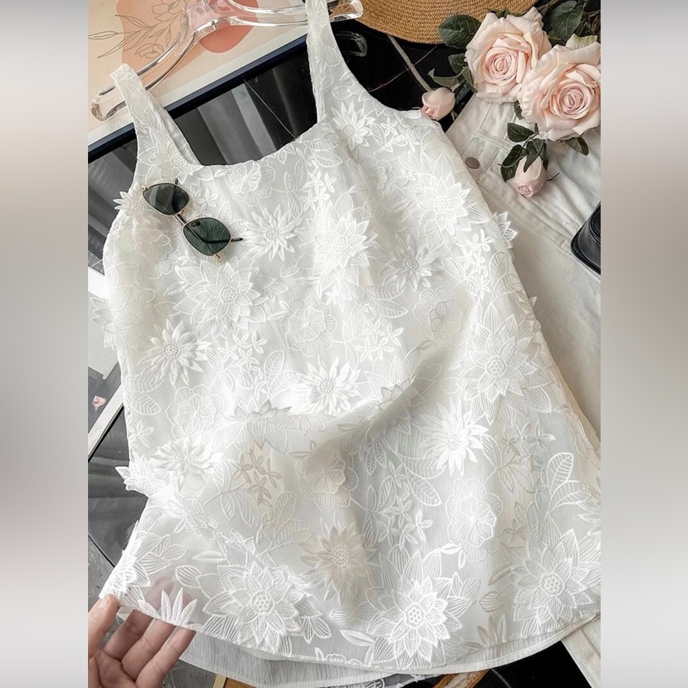 Zara TULLE OYSTER WHITE 3D FLORAL APPLIQUE EMBROIDERED SHORT DRESS